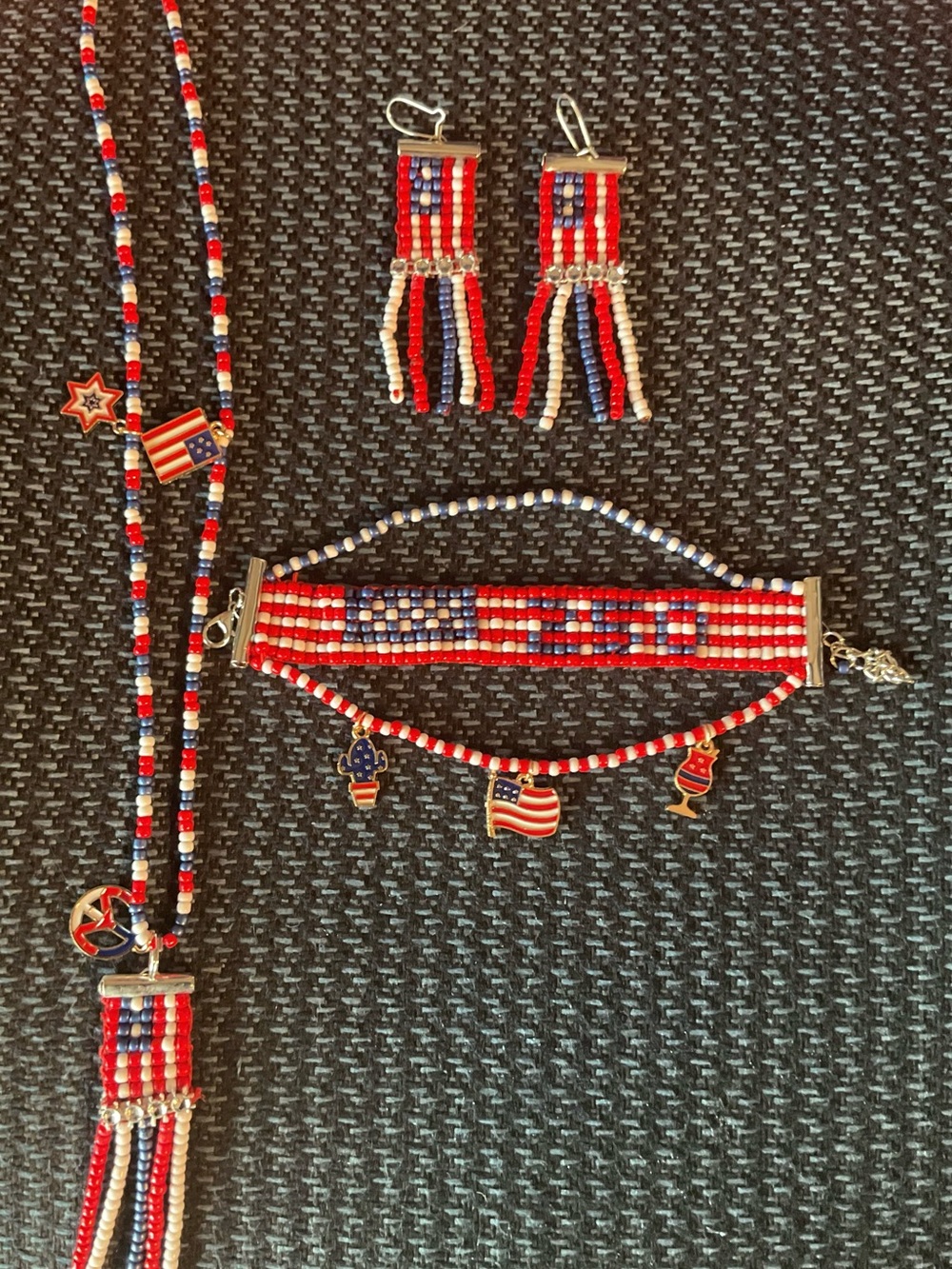 250th Patriotic Red White Blue Beaded Bracelet with Flag Charm